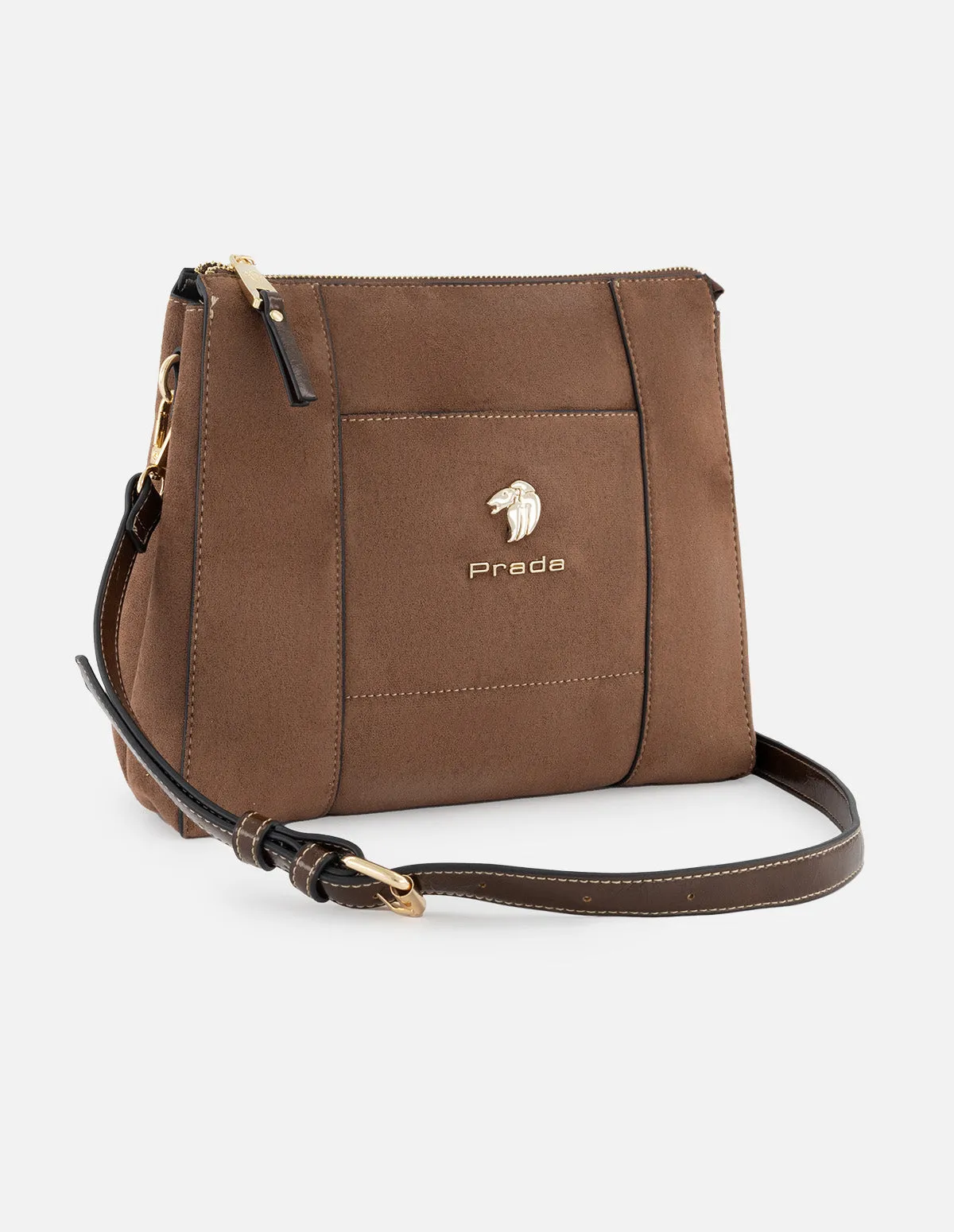Bolso bandolera de textil color cuero para mujer con detalles en piel