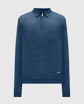 Enrico Mandelli Blue melange wool and silk polo with metallic logo