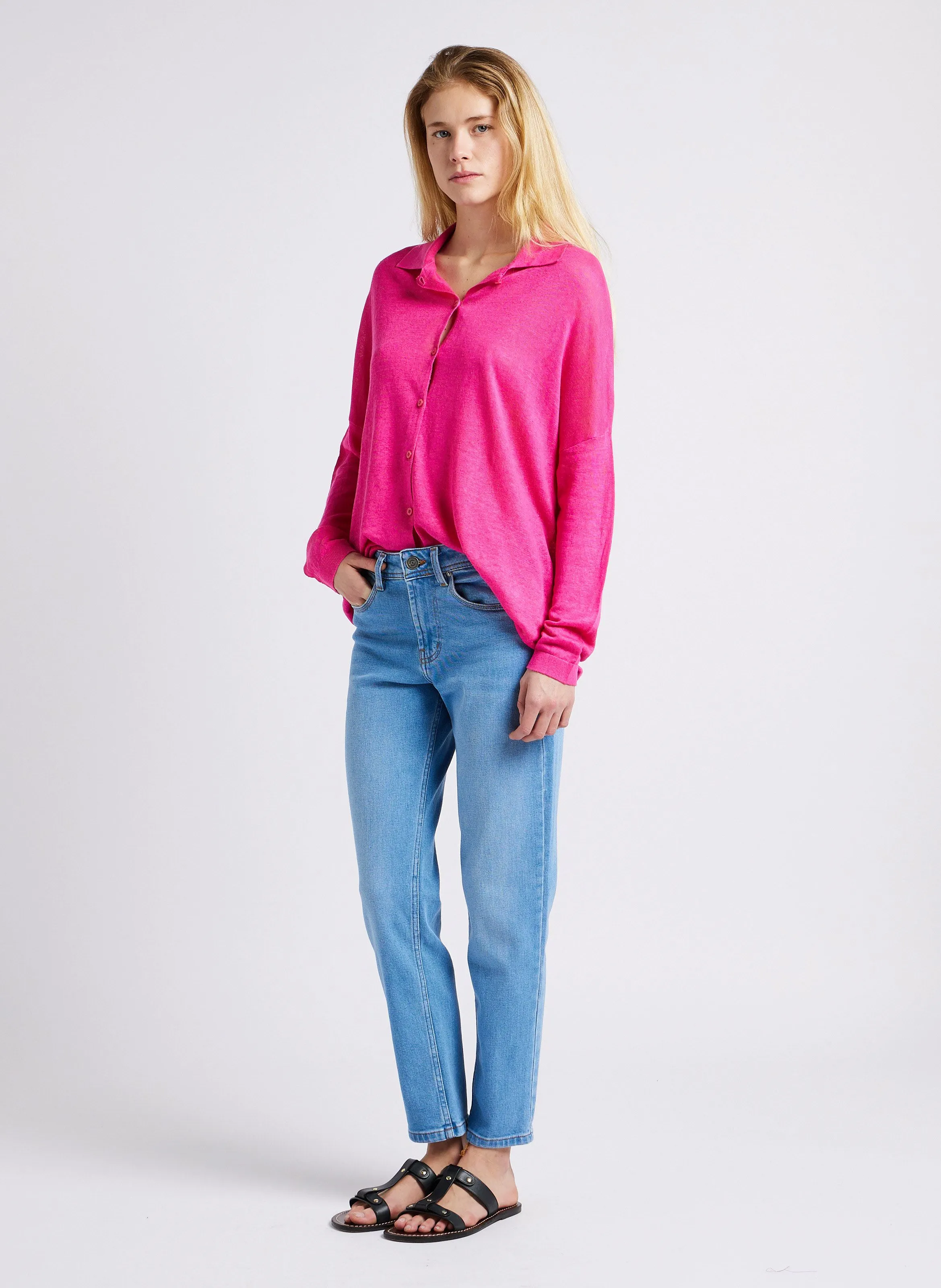 SUD EXPRESS GISCONTO - Cárdigan holgado de lino con cuello clásico en rosa